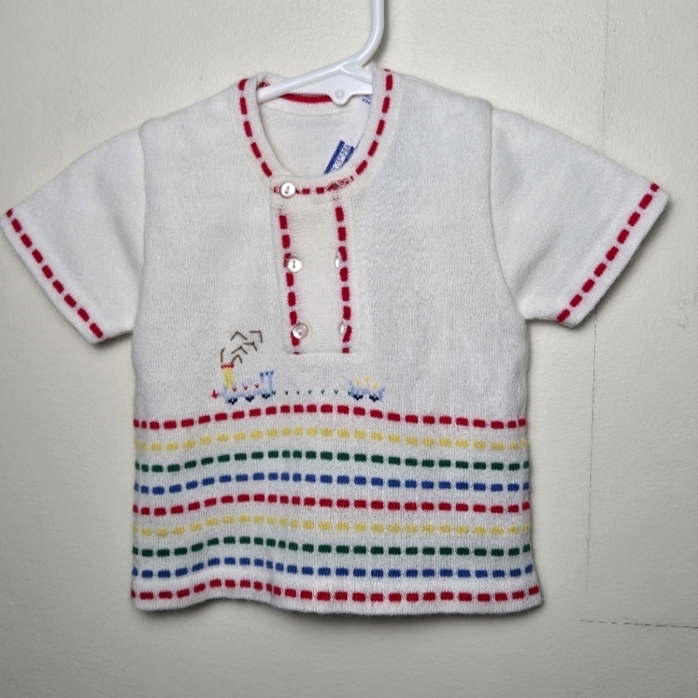 Vintage Baby Infant Broadway Knit Shprt Sleeve Sweater With Train, 12 Months